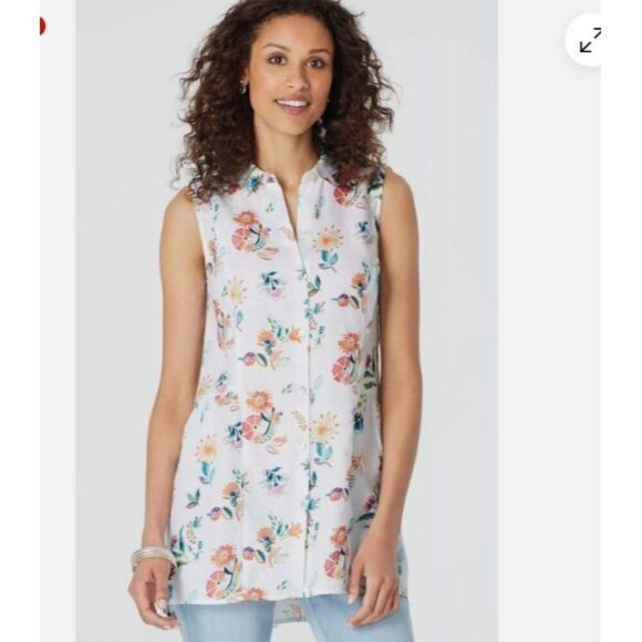 J Jill Love Linen White Floral Button Front Tunic Top Size Medium Sleeveless - Picture 1 of 10